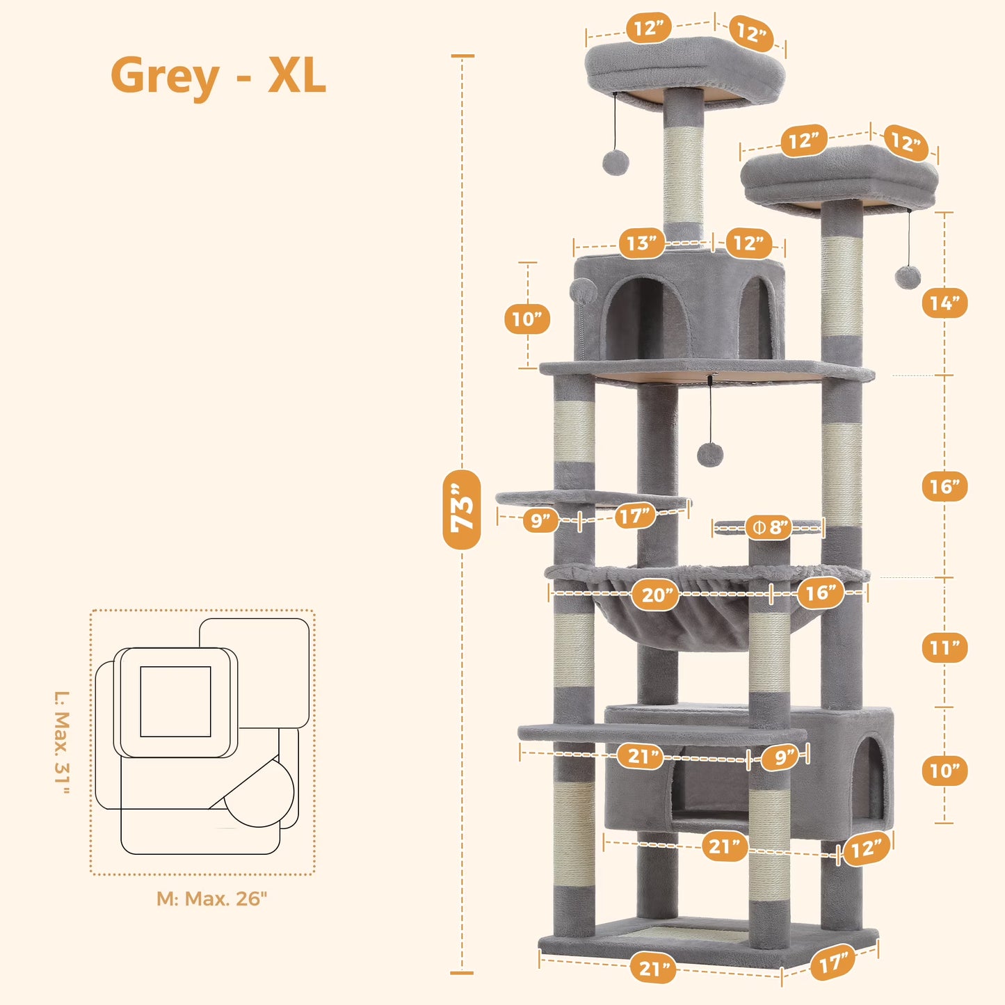 73" Cat Tree for Large Cats, Multi Level Play Tower Condo 7 Sisal Scratching Posts, Gray