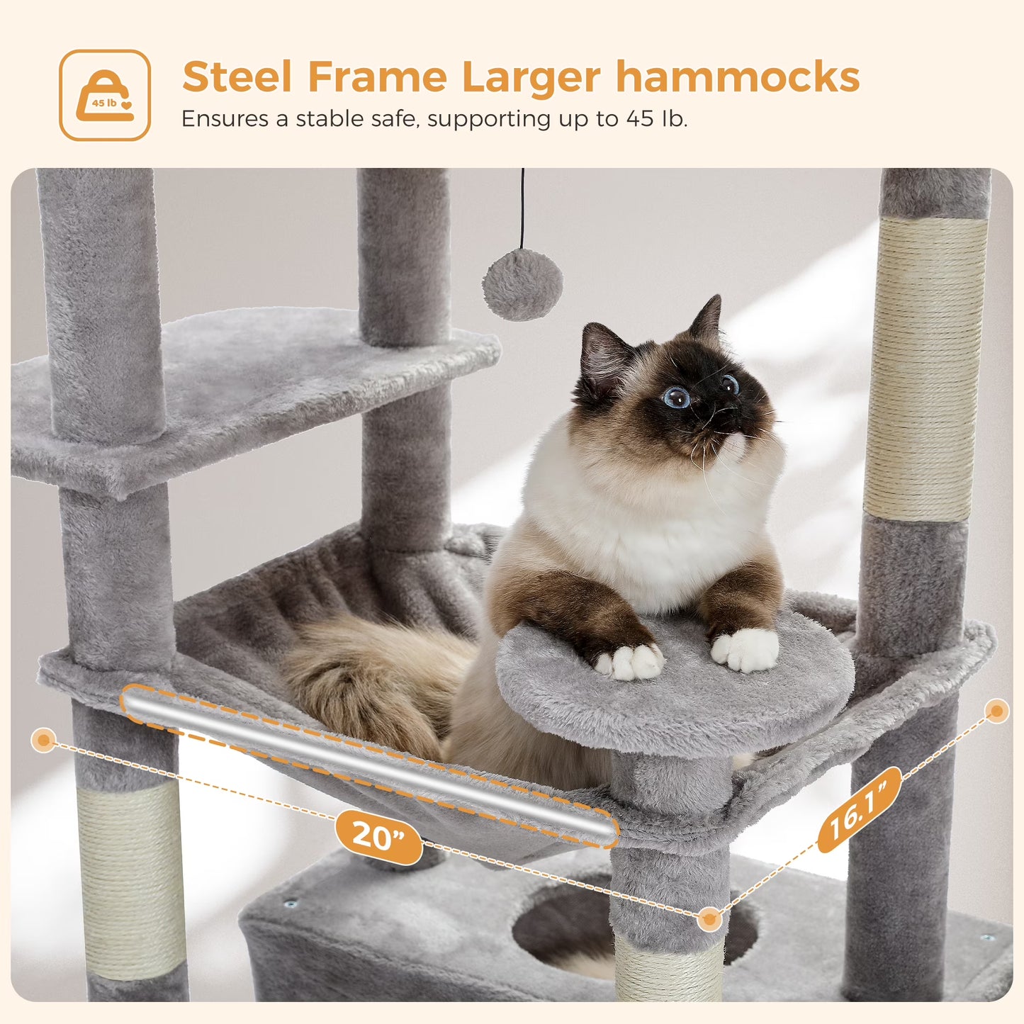 73" Cat Tree for Large Cats, Multi Level Play Tower Condo 7 Sisal Scratching Posts, Gray