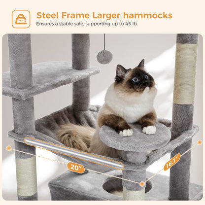 73" Cat Tree for Large Cats, Multi Level Play Tower Condo 7 Sisal Scratching Posts, Gray