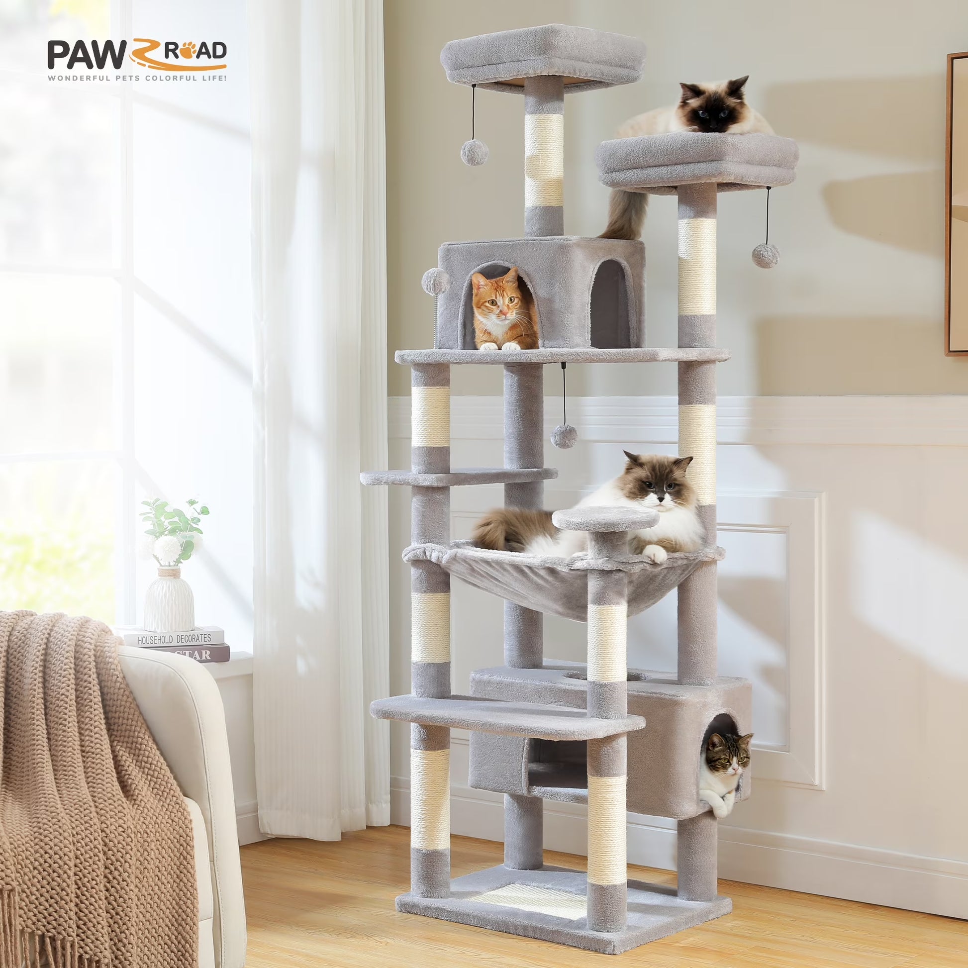 73" Cat Tree for Large Cats, Multi Level Play Tower Condo 7 Sisal Scratching Posts, Gray