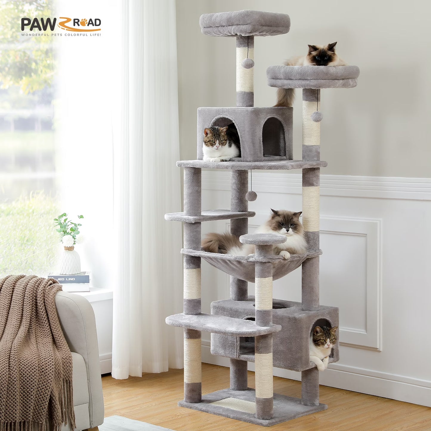 73" Cat Tree for Large Cats, Multi Level Play Tower Condo 7 Sisal Scratching Posts, Gray