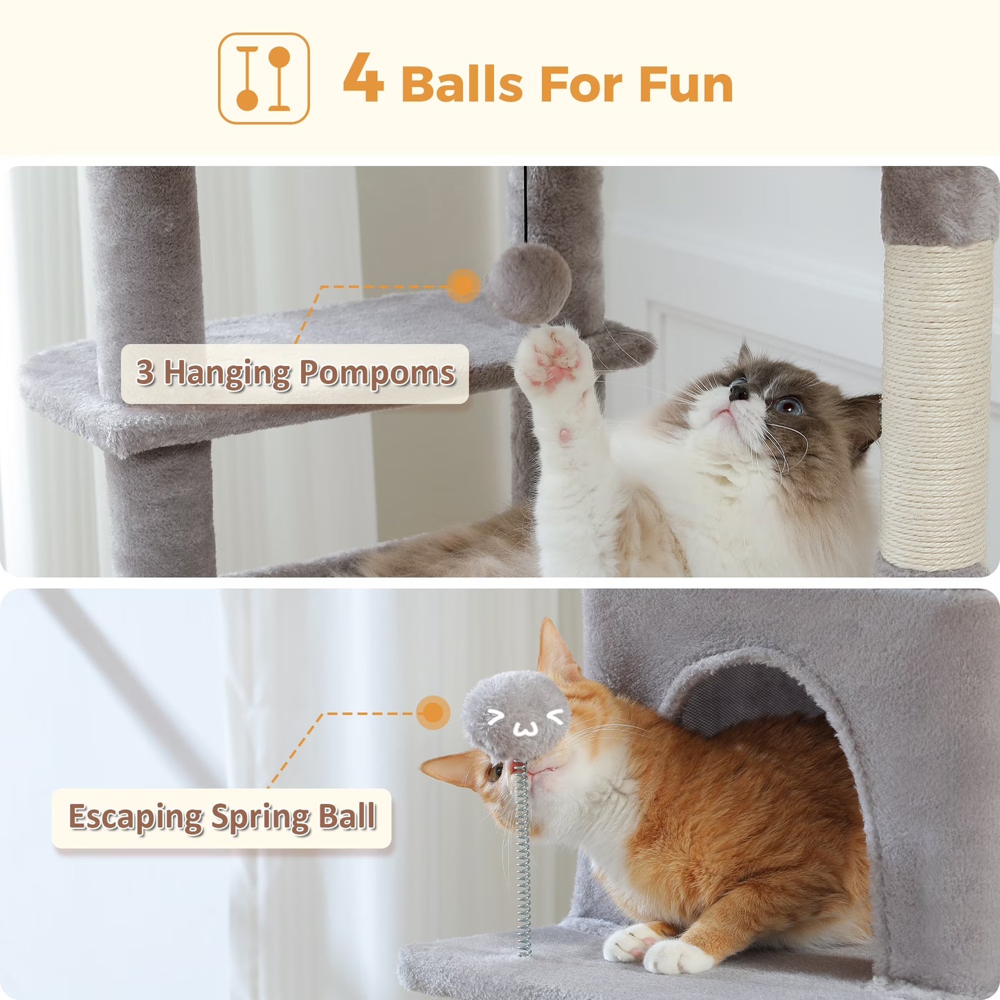 73" Cat Tree for Large Cats, Multi Level Play Tower Condo 7 Sisal Scratching Posts, Gray