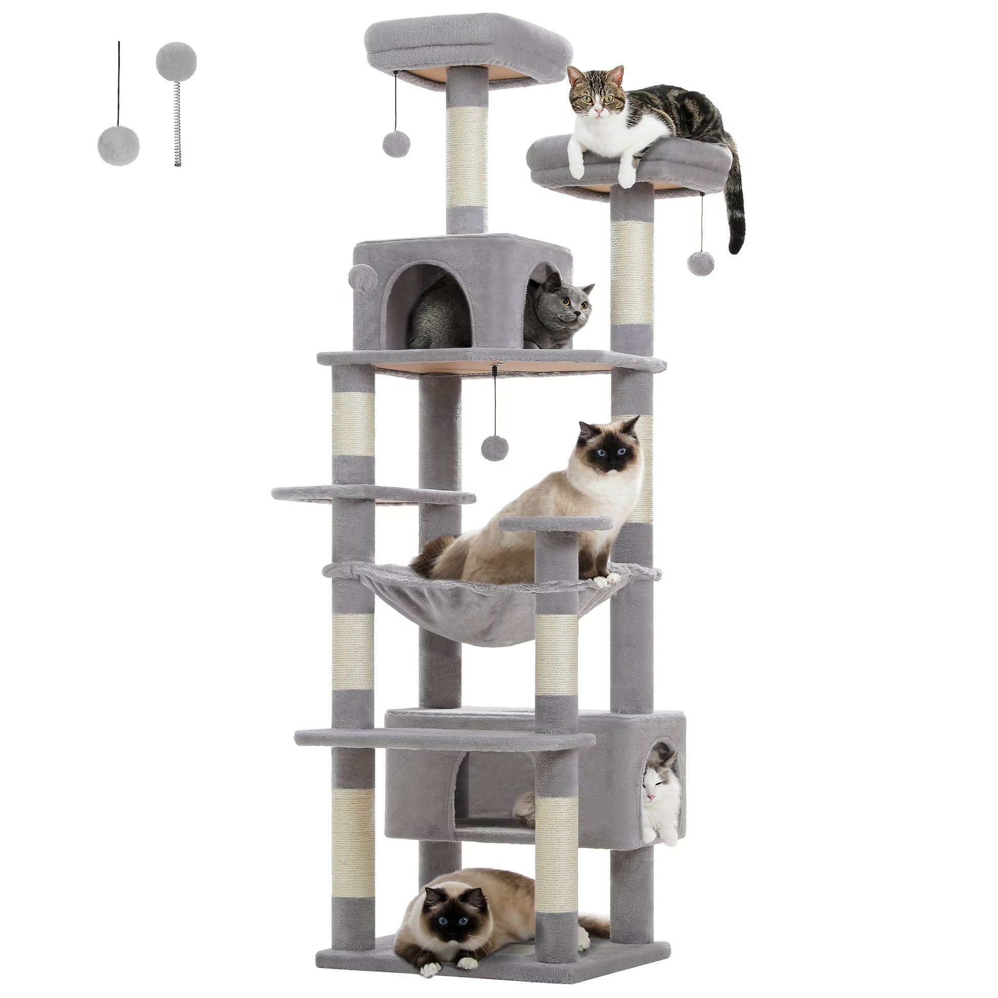 73" Cat Tree for Large Cats, Multi Level Play Tower Condo 7 Sisal Scratching Posts, Gray