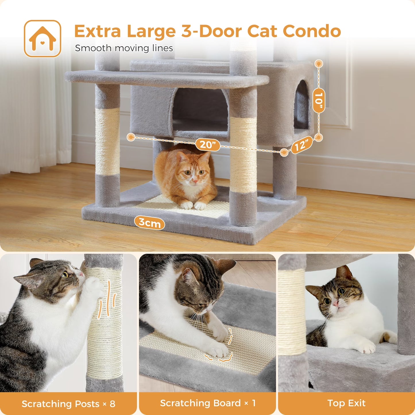 73" Cat Tree for Large Cats, Multi Level Play Tower Condo 7 Sisal Scratching Posts, Gray