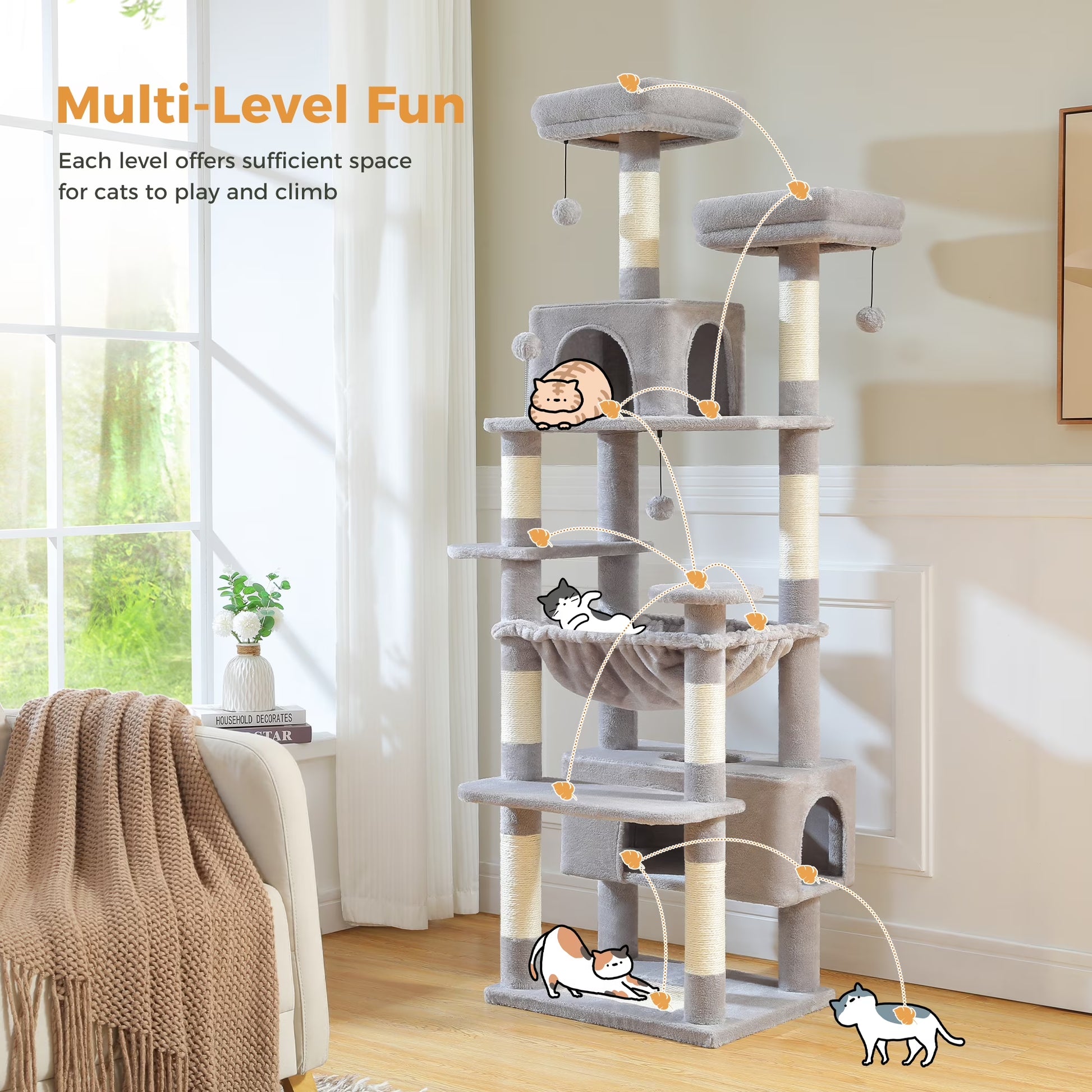 73" Cat Tree for Large Cats, Multi Level Play Tower Condo 7 Sisal Scratching Posts, Gray