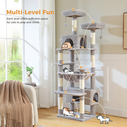73" Cat Tree for Large Cats, Multi Level Play Tower Condo 7 Sisal Scratching Posts, Gray