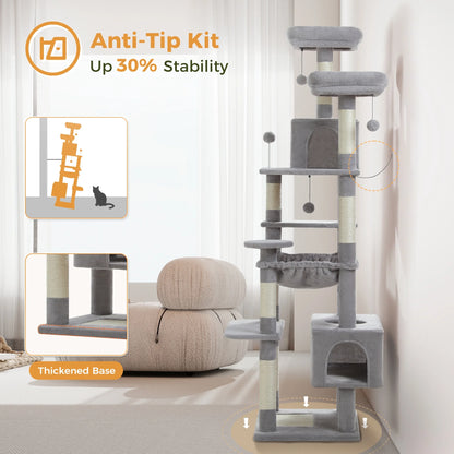 73" Cat Tree for Large Cats, Multi Level Play Tower Condo 7 Sisal Scratching Posts, Gray