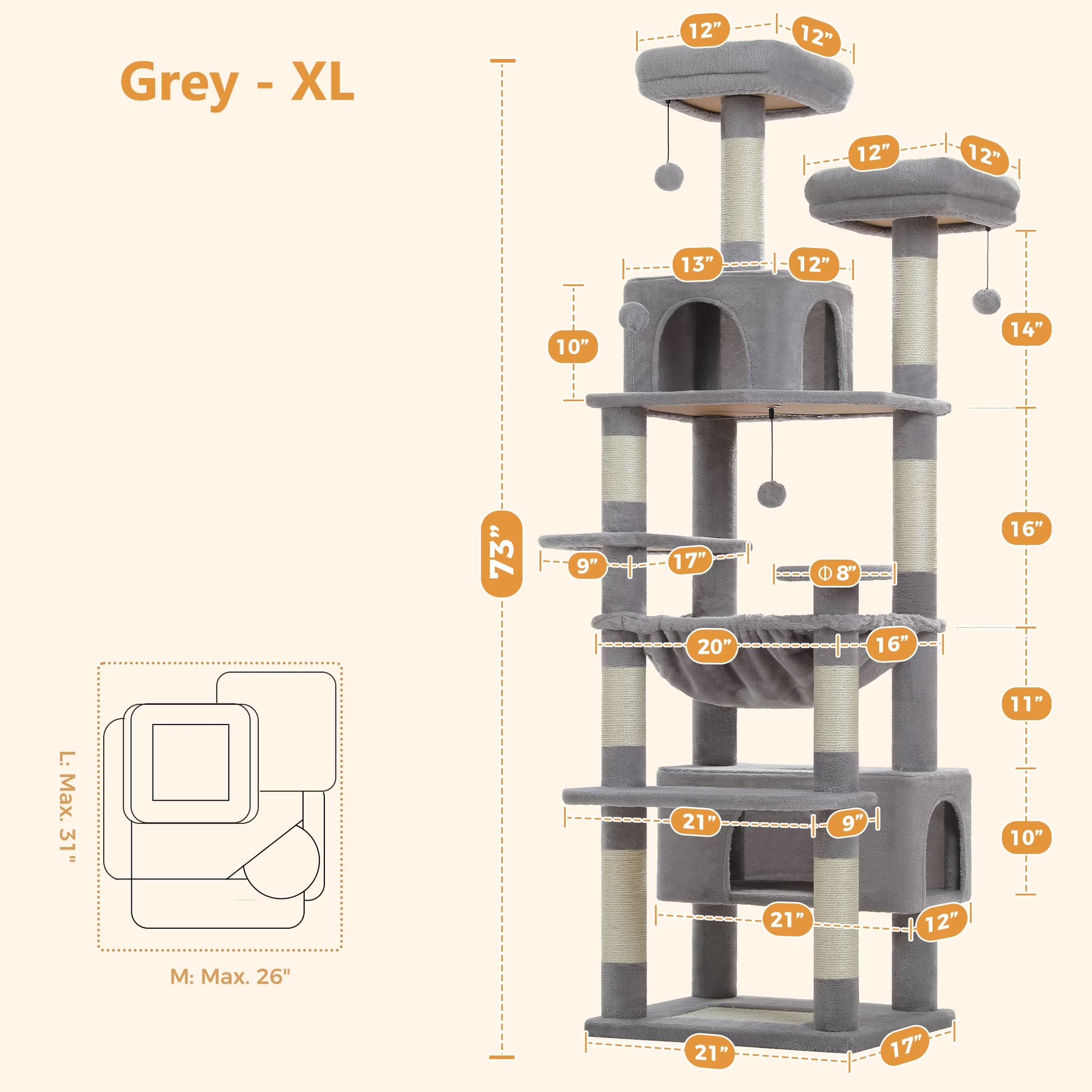 73" Cat Tree for Large Cats, Multi Level Play Tower Condo 7 Sisal Scratching Posts, Gray