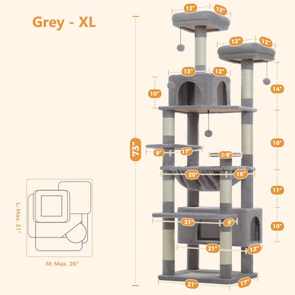 73" Cat Tree for Large Cats, Multi Level Play Tower Condo 7 Sisal Scratching Posts, Gray