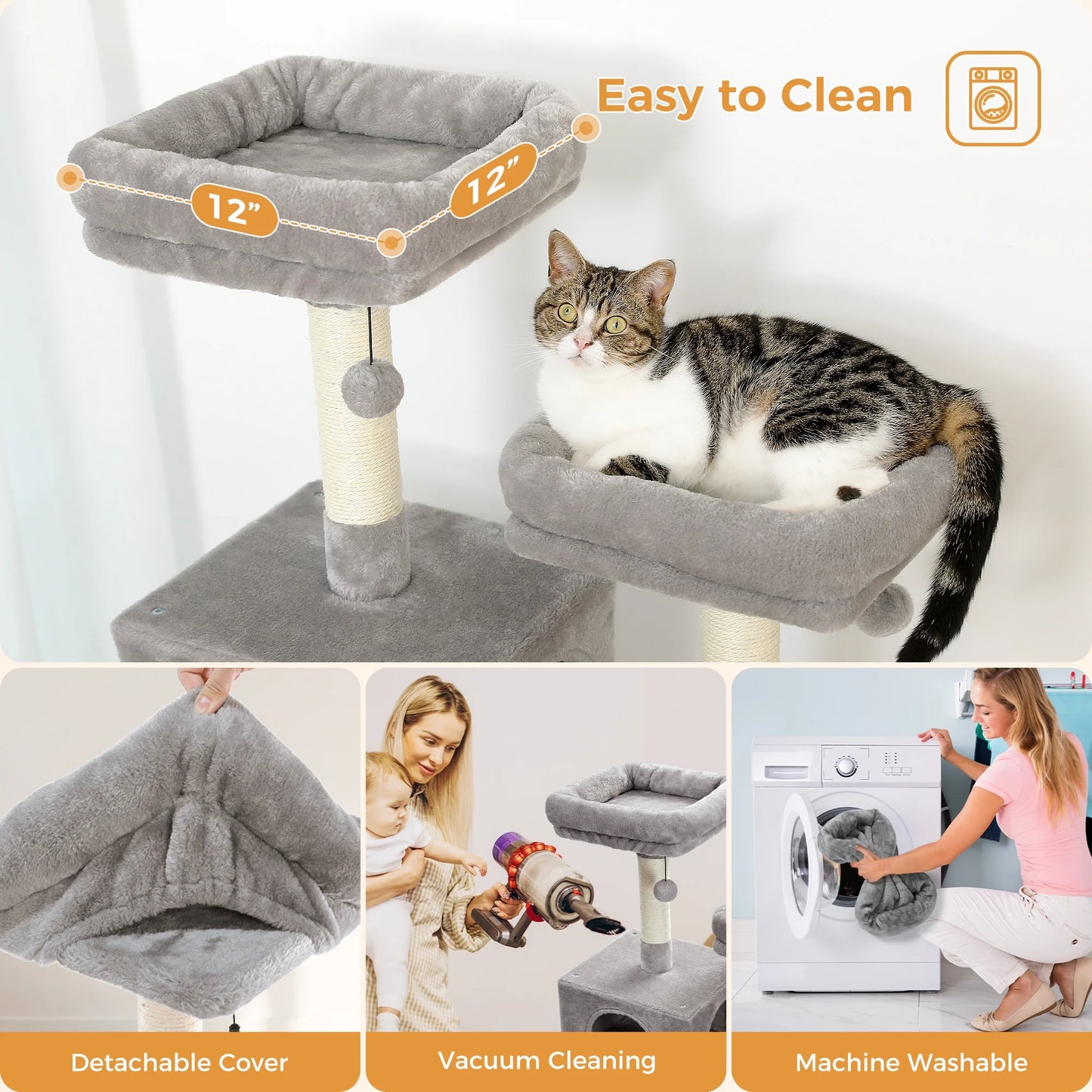 73" Cat Tree for Large Cats, Multi Level Play Tower Condo 7 Sisal Scratching Posts, Gray